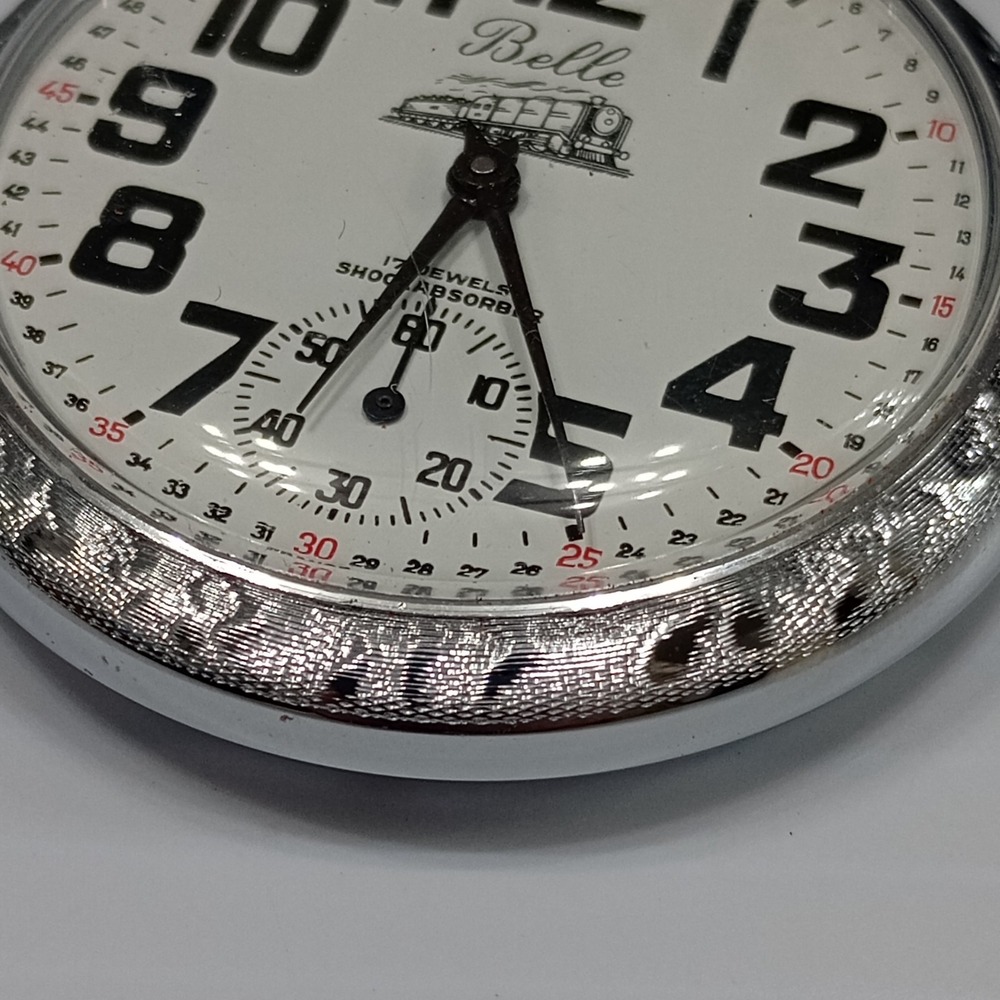 Belle-Suisse‎ Pocket Watch 17 Jewels Shock Absorber "Belle" Train Motif Vtg Box - Picture 5 of 16
